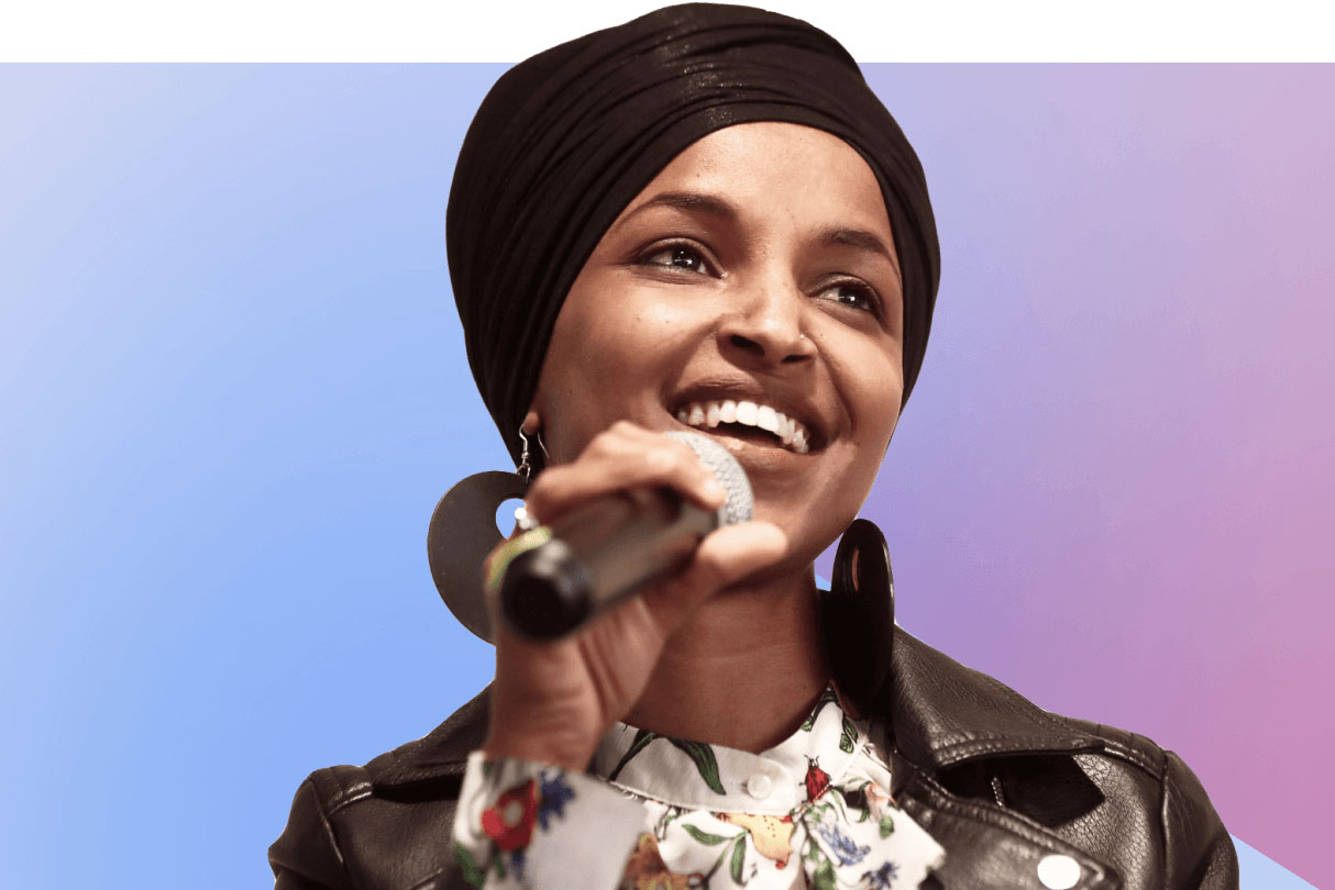 Ilhan Omar smiling and speaking into a microphone