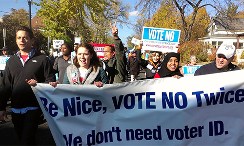 Ilhan at a Vote No Twice march